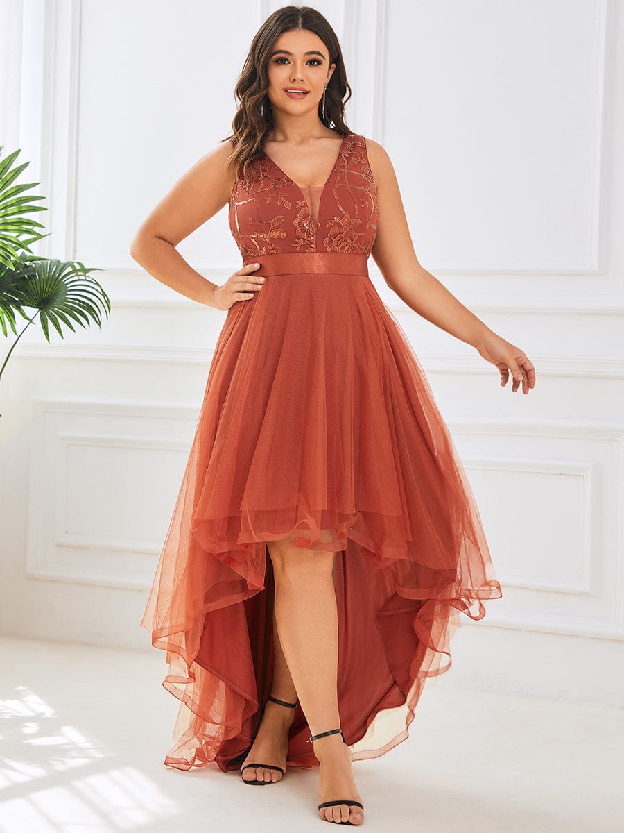 MsDresslyEP Formal Dress Sleeveless V-back Tulle High-Low Sequin Appliques Evening Dresses
