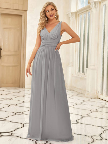 MsDresslyEP Formal Dress Sleeveless V-Neck Plain Chiffon Maxi Bridesmaid Dress DRE2310040007GRY4