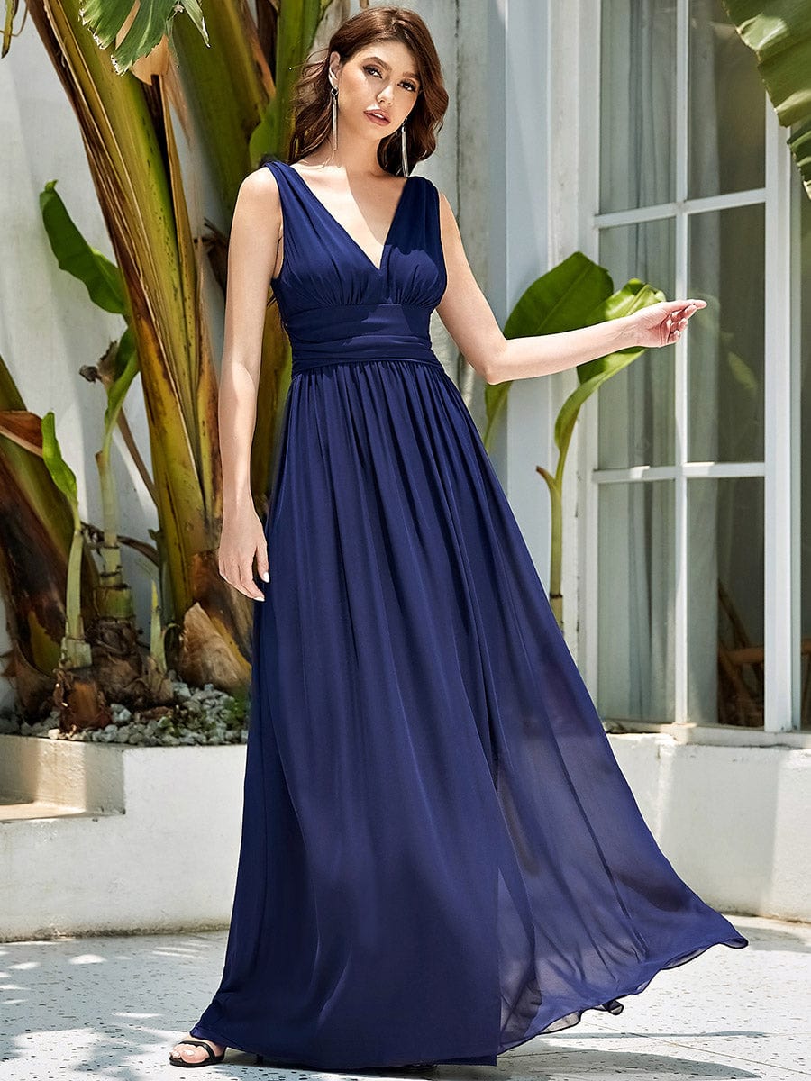 MsDresslyEP Formal Dress Sleeveless V-Neck Plain Chiffon Maxi Bridesmaid Dress DRE2310040007NAV4