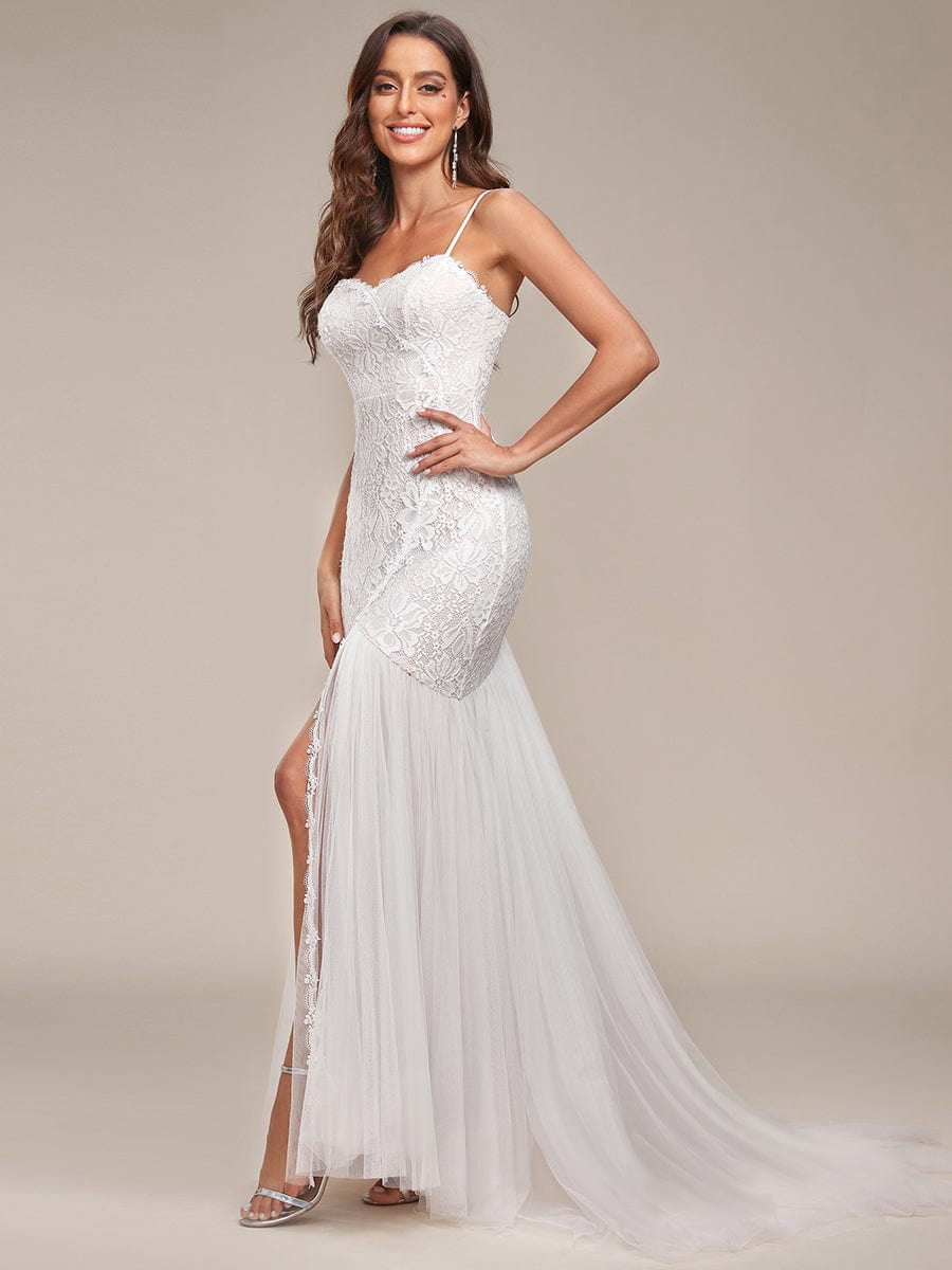 MsDresslyEP Formal Dress Spaghetti Strap Lace Backless Long Fishtail Wedding Dress