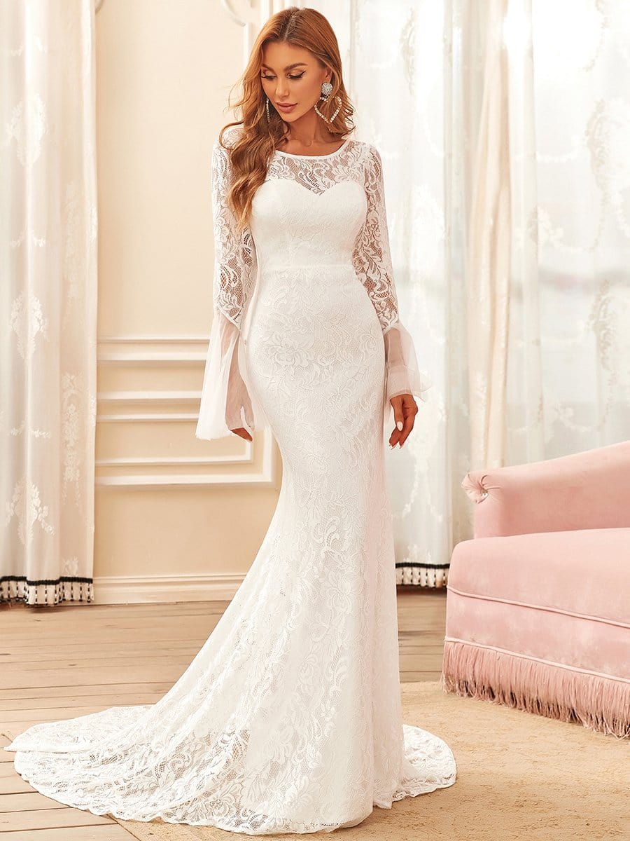 MsDresslyEP Formal Dress Sweetheart Long Bell Sleeve Mermaid Wedding Dress