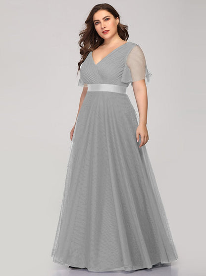 MsDresslyEP Formal Dress V-Neck Floor-Length Short Sleeve Tulle Bridesmaid Dresses