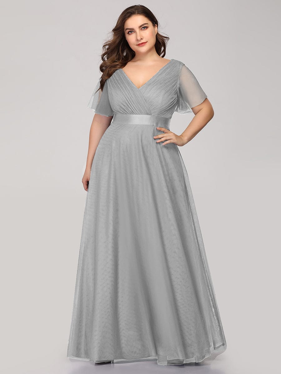 MsDresslyEP Formal Dress V-Neck Floor-Length Short Sleeve Tulle Bridesmaid Dresses