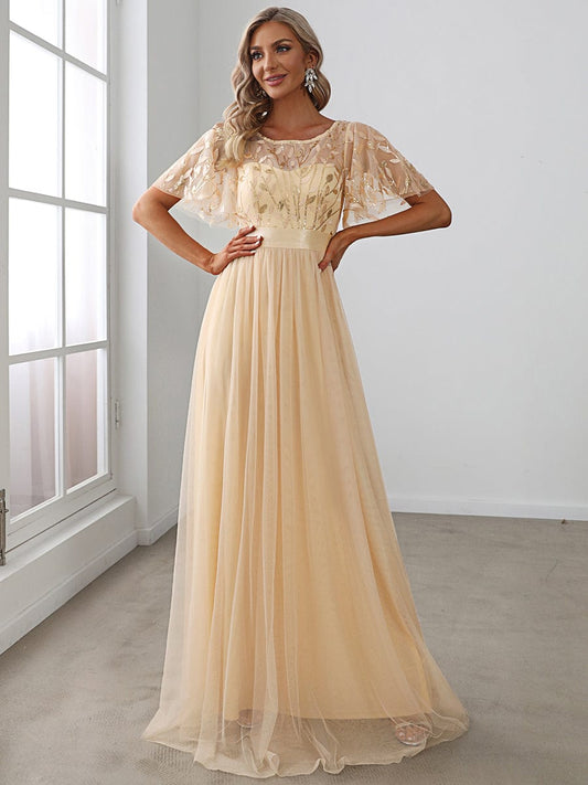 MsDresslyEP Formal Dress Women's A-Line Sequin Leaf Maxi Prom Dress with Sleeves DRE230912B3201GDL4