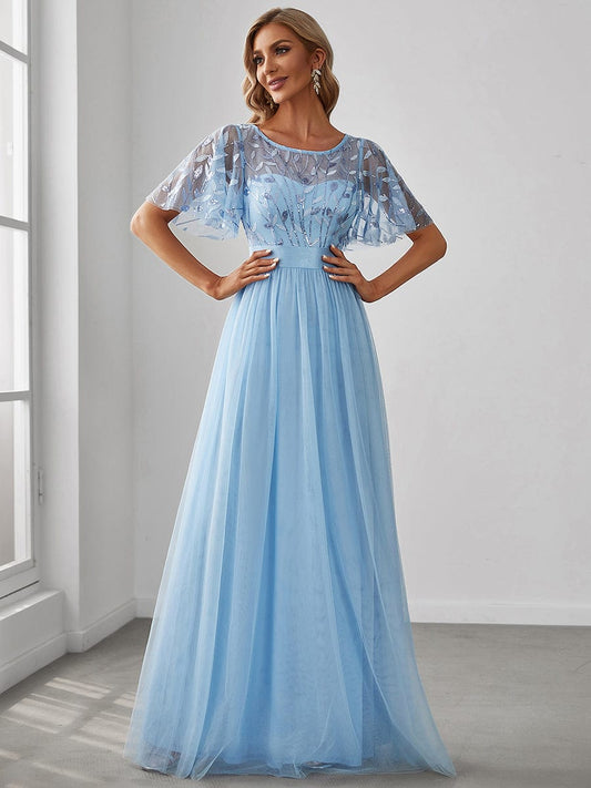 MsDresslyEP Formal Dress Women's A-Line Short Sleeve Embroidery Floor Length Evening Dresses DRE230972001SKY4