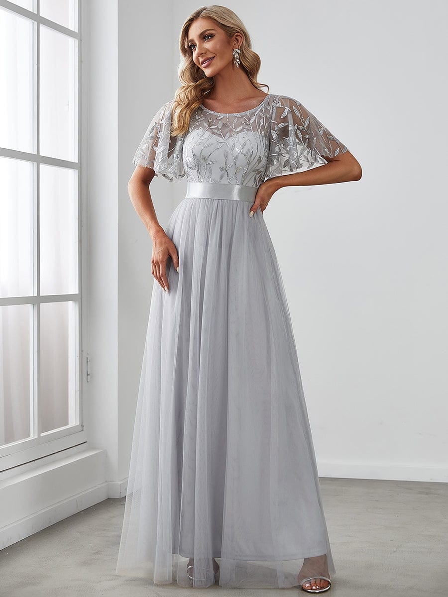 MsDresslyEP Formal Dress Women's A-Line Short Sleeve Embroidery Floor Length Evening Dresses DRE230972013GRE4