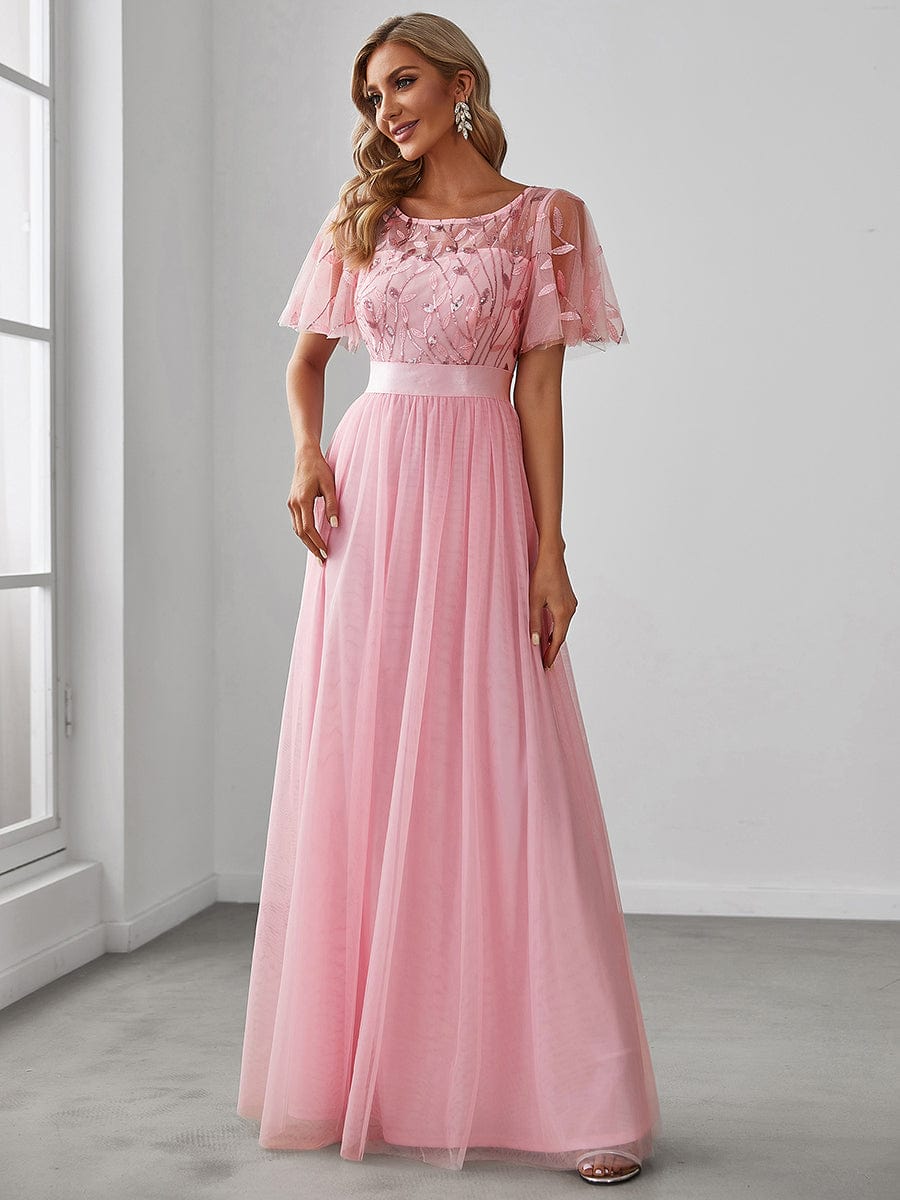 MsDresslyEP Formal Dress Women's A-Line Short Sleeve Embroidery Floor Length Evening Dresses DRE230972025PNK4