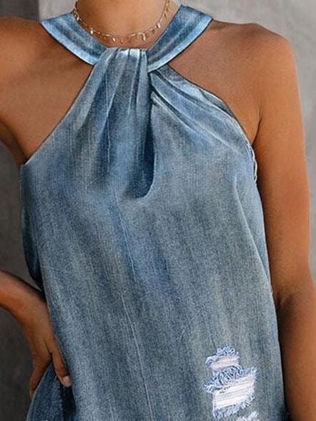 Frayed Casual Loose Washed Denim Tank Top