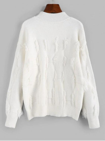 Frayed Detail Mock Neck Drop Shoulder Sweater