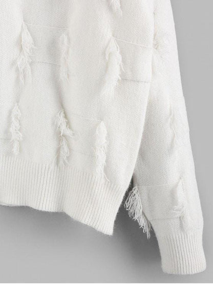 Frayed Detail Mock Neck Drop Shoulder Sweater