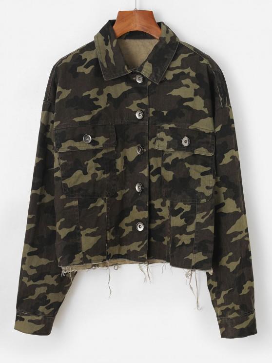 Frayed Hem Camouflage Button Up Cargo Jacket for Women