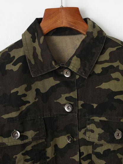 Frayed Hem Camouflage Button Up Cargo Jacket for Women