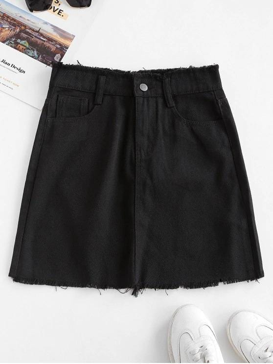 Frayed Pocket Mini Denim Skirt DEN210303067BLAXL Black / XL