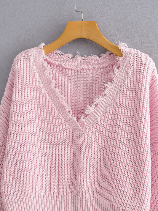 Frayed Trim Drop Shoulder Sweater SWE210312344PINS S / Pink