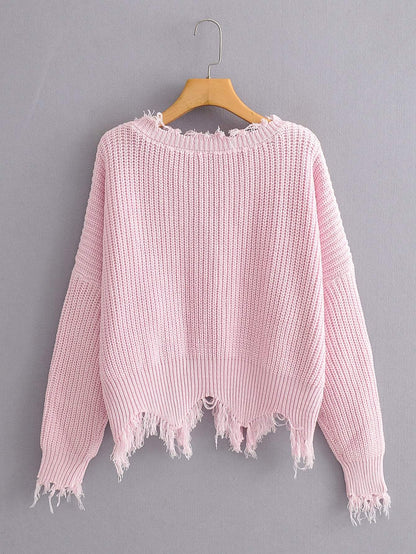 Frayed Trim Drop Shoulder Sweater