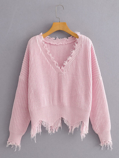 Frayed Trim Drop Shoulder Sweater