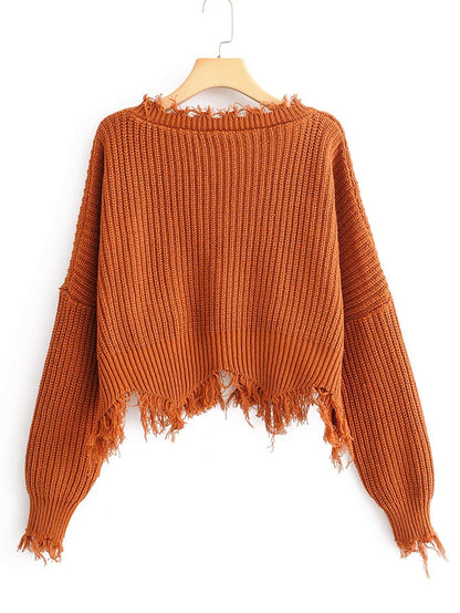 Frayed Trim Drop Shoulder Sweater