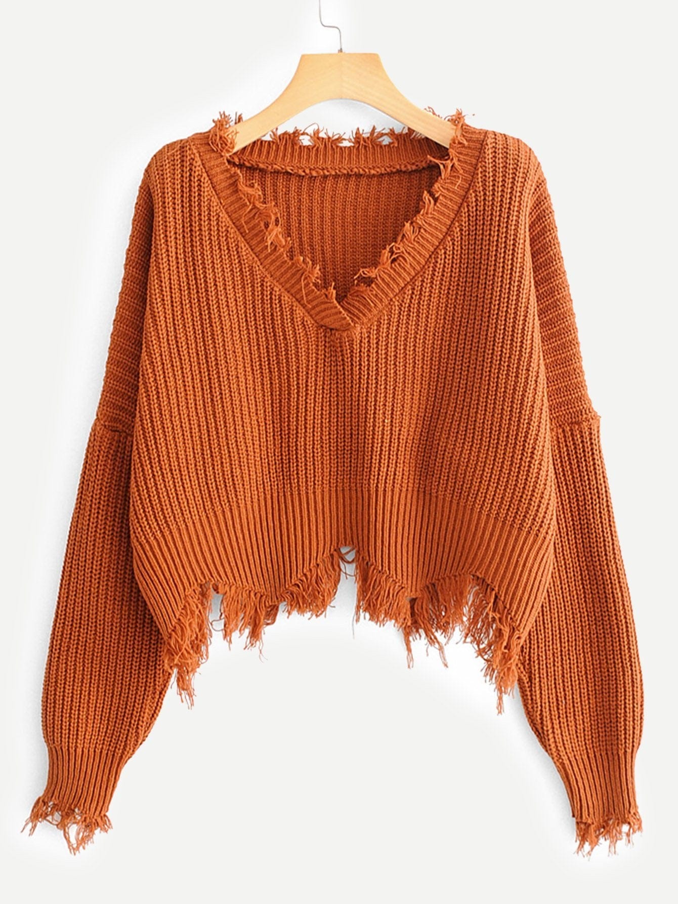 Frayed Trim Drop Shoulder Sweater