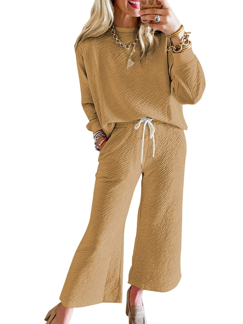 French Beige Textured Lounge Set with Long Sleeve Top and Drawstring Pants