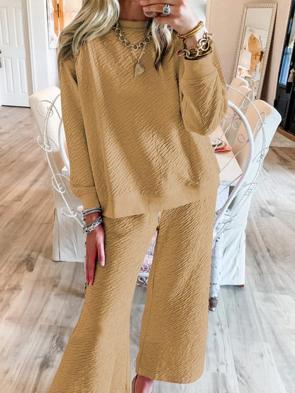 French Beige Textured Lounge Set with Long Sleeve Top and Drawstring Pants