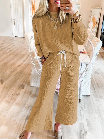 French Beige Textured Lounge Set with Long Sleeve Top and Drawstring Pants