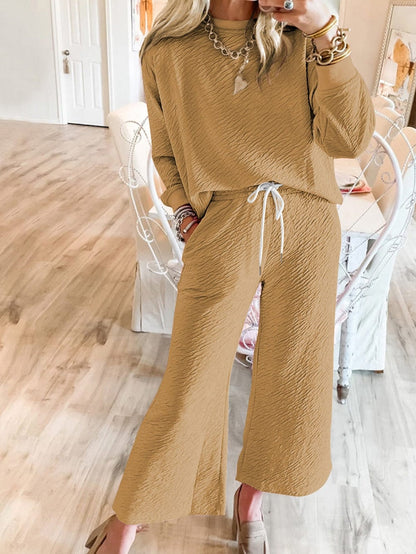 French Beige Textured Lounge Set with Long Sleeve Top and Drawstring Pants