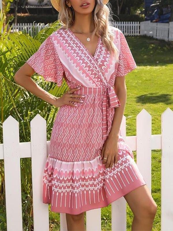 French Printed V-neck Short-sleeved Lace-up Dress