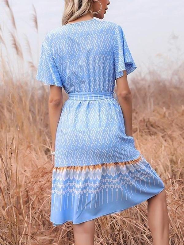 French Printed V-neck Short-sleeved Lace-up Dress