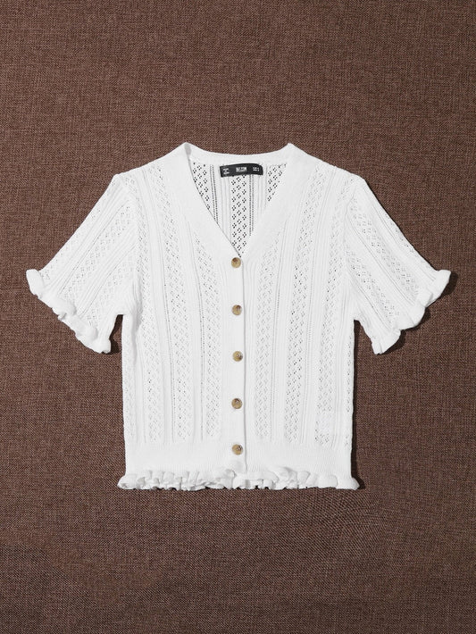 Frill Trim Button Front Pointelle Knit Cardigan SWE210312268WHI ONE SIZE / White