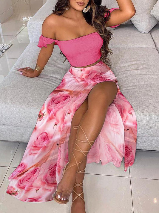 Frill Trim Crop Top & Floral Print High Slit Maxi Skirt Sets SET210429092S Pink / S