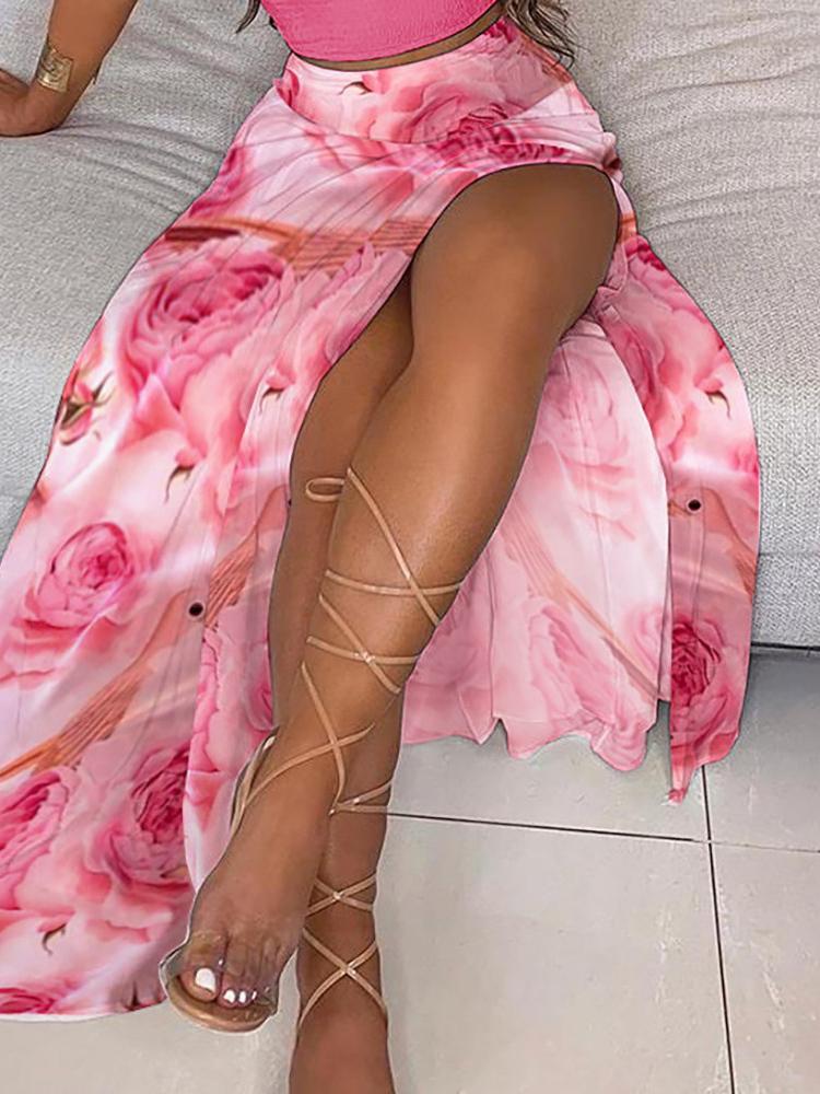 Frill Trim Crop Top & Floral Print High Slit Maxi Skirt Sets for Women