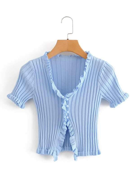 Frill Trim Ribbed Knit Cardigan SWE210312276BLU One-Size / Blue
