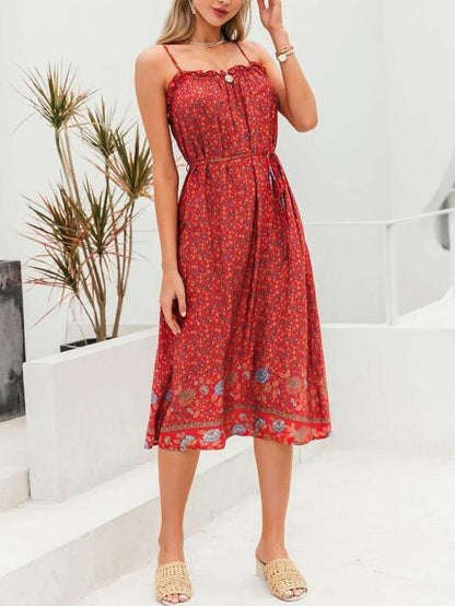 Frill Trim Self Belted Ditsy Floral Slip Dress