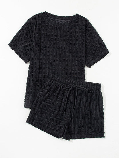 Frilled Black Textured Top with Matching Drawstring Shorts