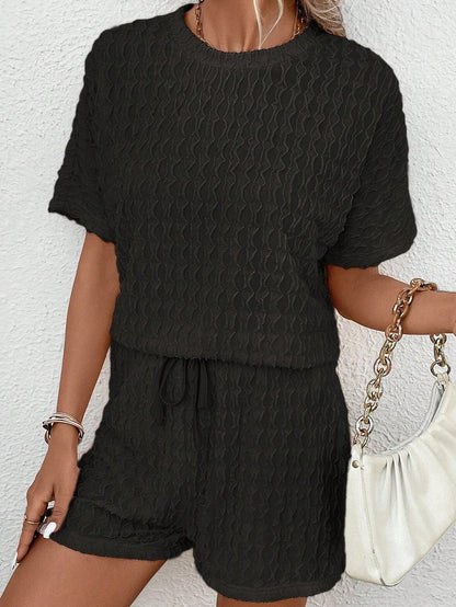 Frilled Black Textured Top with Matching Drawstring Shorts