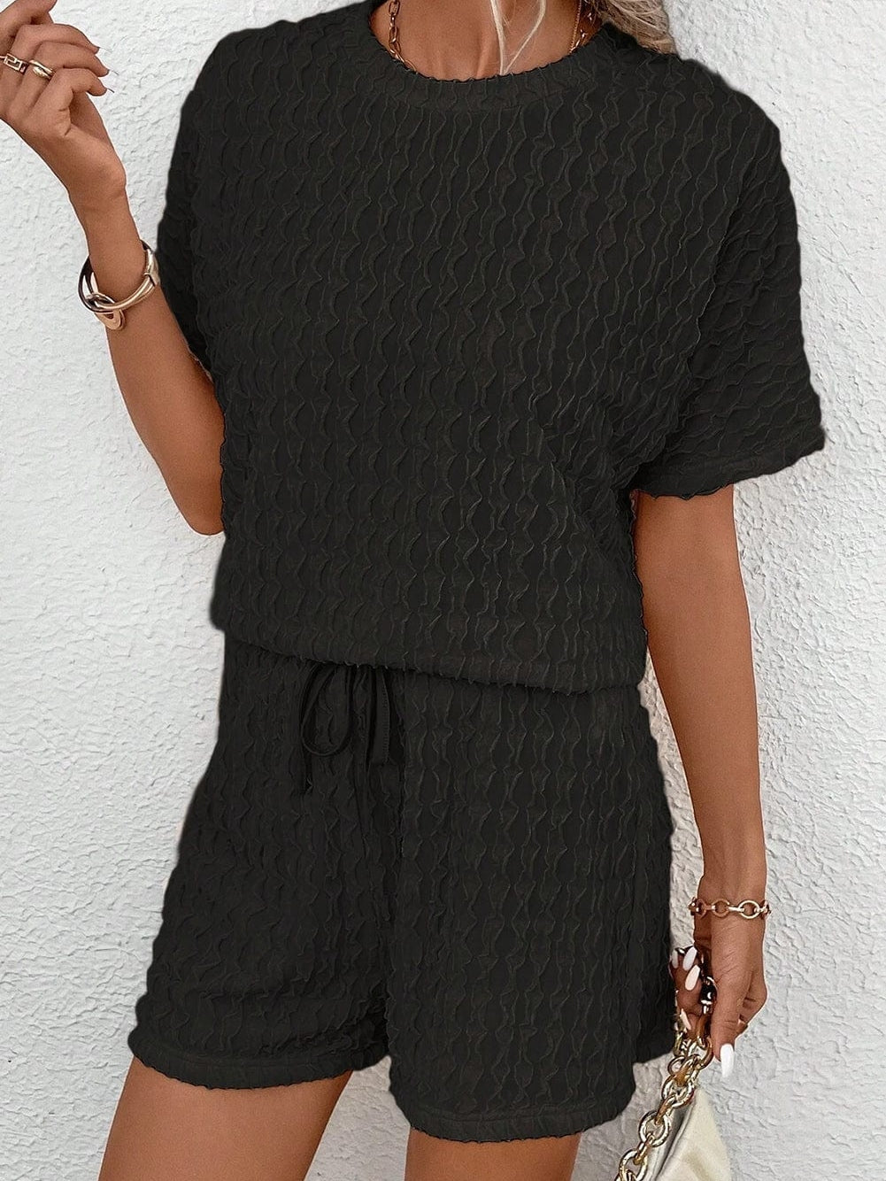 Frilled Black Textured Top with Matching Drawstring Shorts