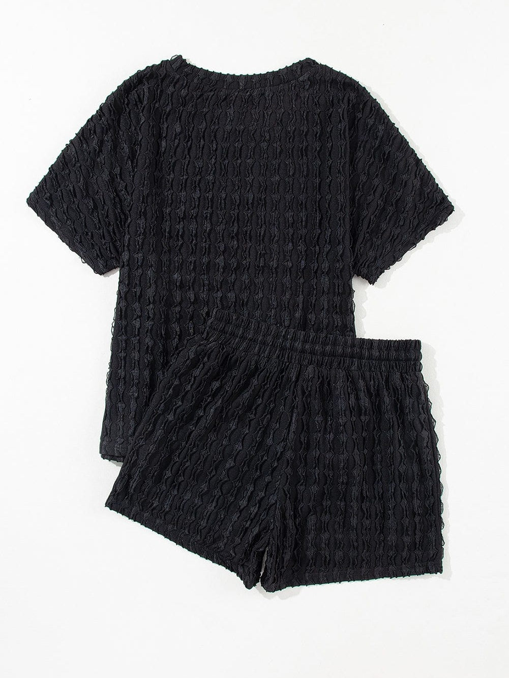 Frilled Black Textured Top with Matching Drawstring Shorts