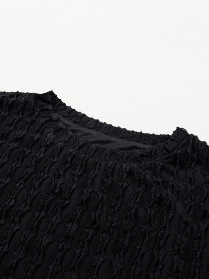 Frilled Black Textured Top with Matching Drawstring Shorts