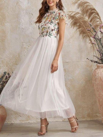 Frilled Neck Floral Embroidered Mesh 2 In 1 Dress DRE210223133WHIS White / XS