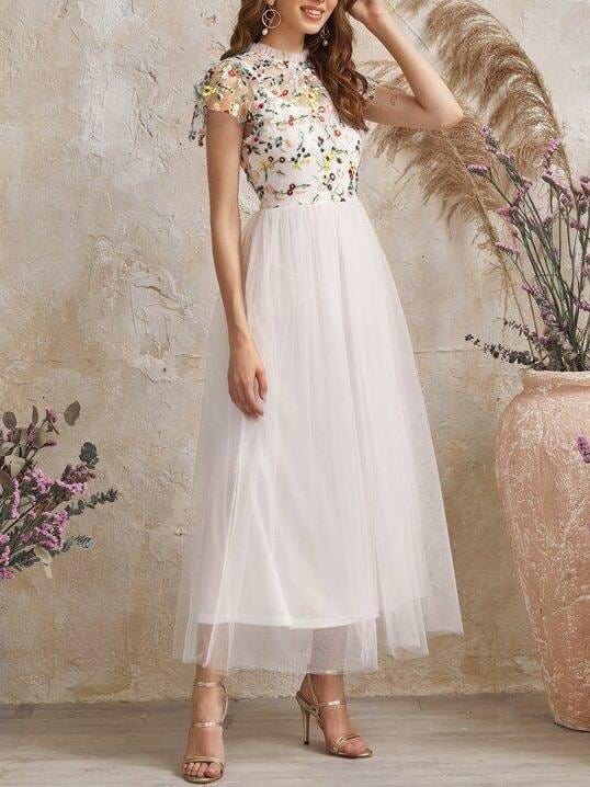 Frilled Neck Floral Embroidered Mesh 2 In 1 Dress