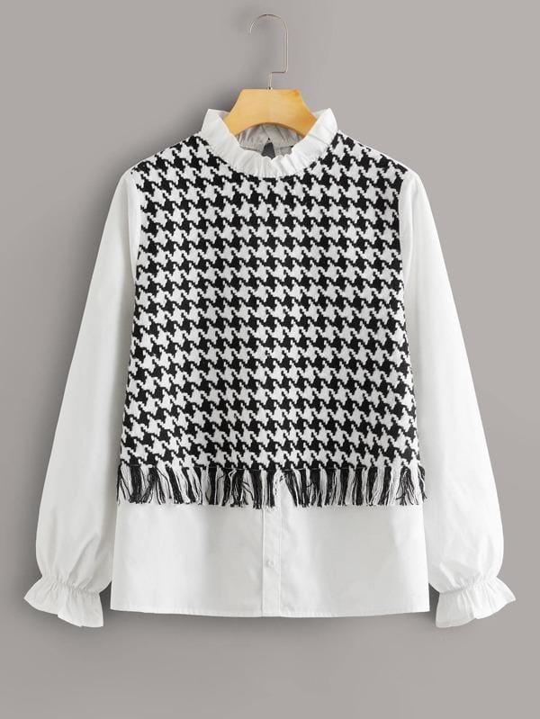 Frilled Neck Mixed Media Houndstooth Blouse BLO210226069BLWHIS S / Black and White