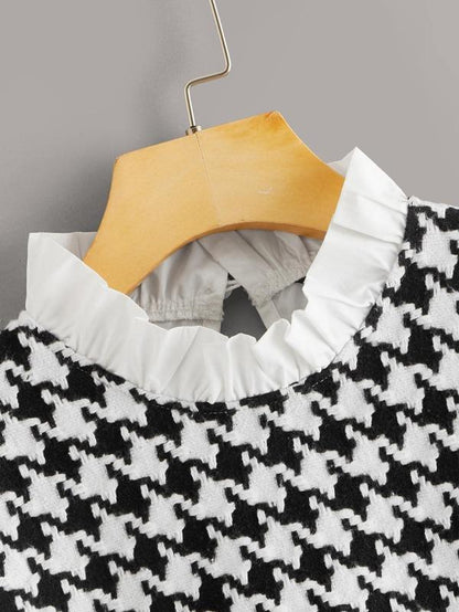 Frilled Neck Mixed Media Houndstooth Blouse