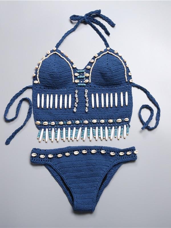 Fringe Halter Crochet Triangle Bikini Two Piece Swimsuit for Women SWI210414201BLUT Blue / One Size