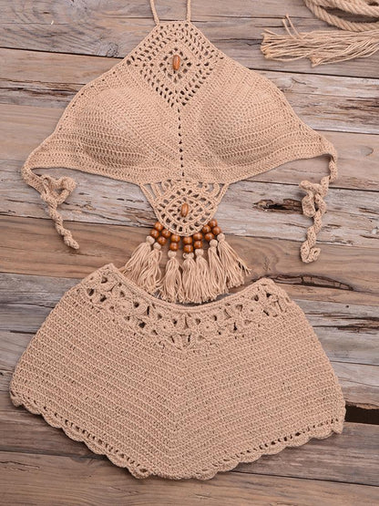 Fringe High Waist Crochet High Neck Bikini Two Piece Swimsuit
