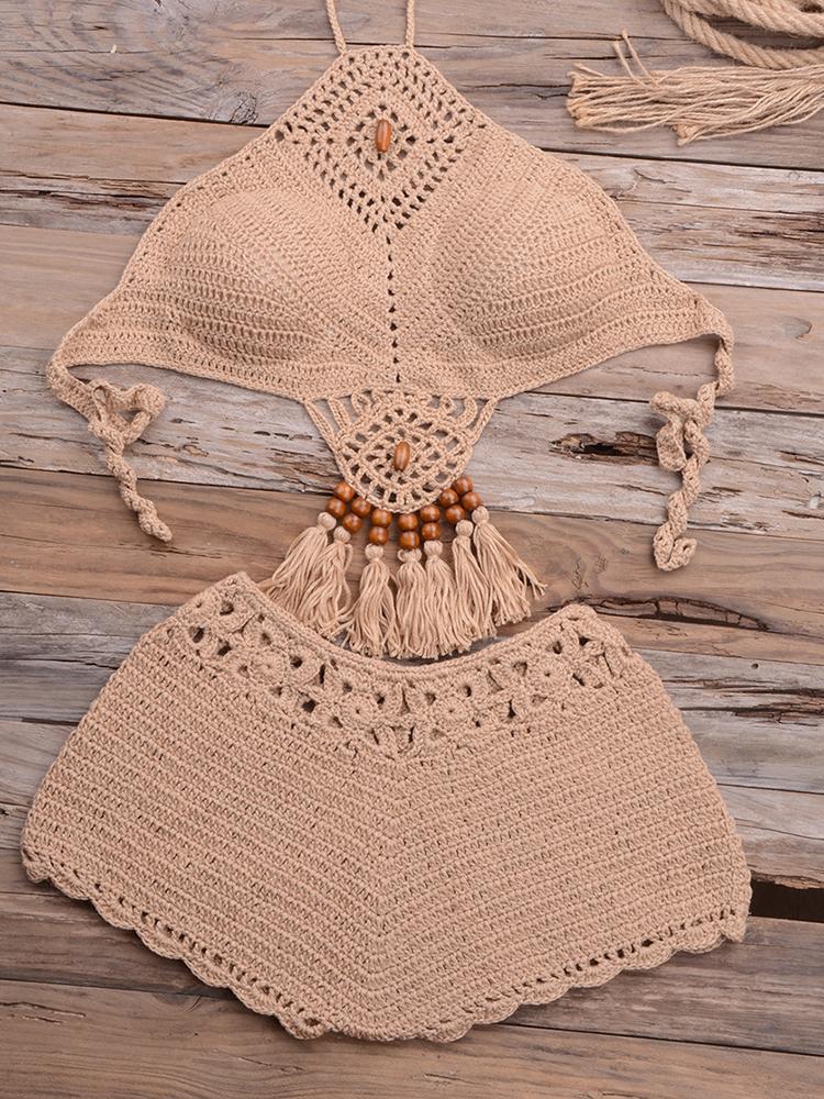 Fringe High Waist Crochet High Neck Bikini Two Piece Swimsuit for Women