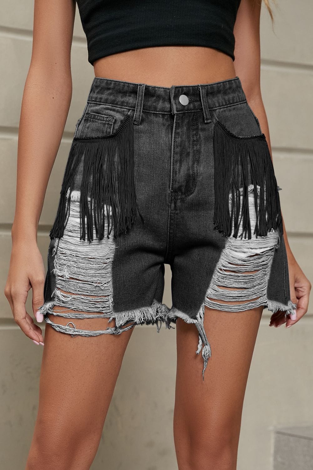 Fringe Trim Distressed Denim Shorts with Pockets MS231013016931FS Dark / S