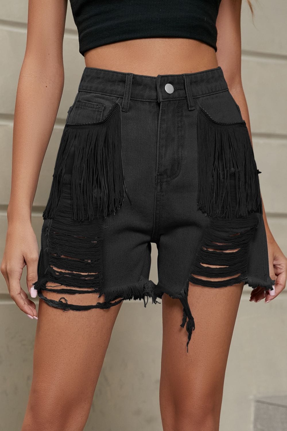 Fringe Trim Distressed Denim Shorts with Pockets MS231013016926FS Black / S