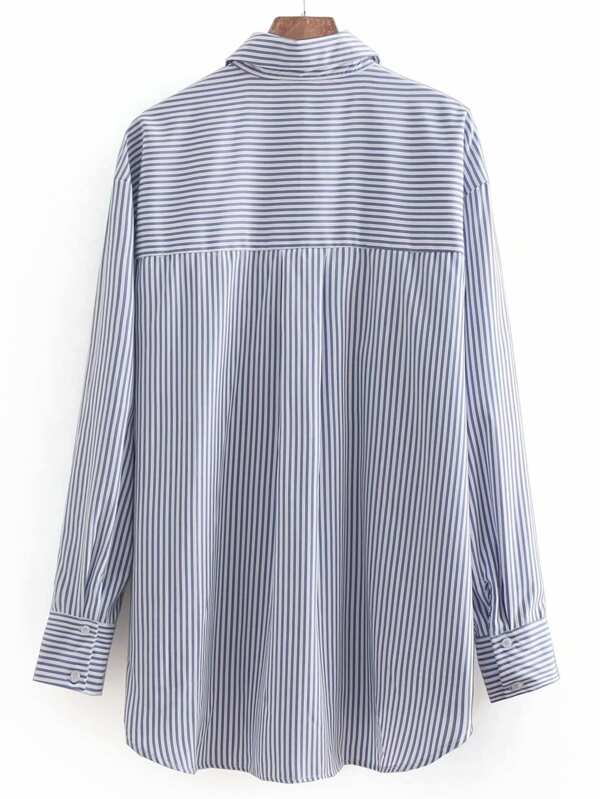 Fringe Trim Tweed Panel Striped Shirt