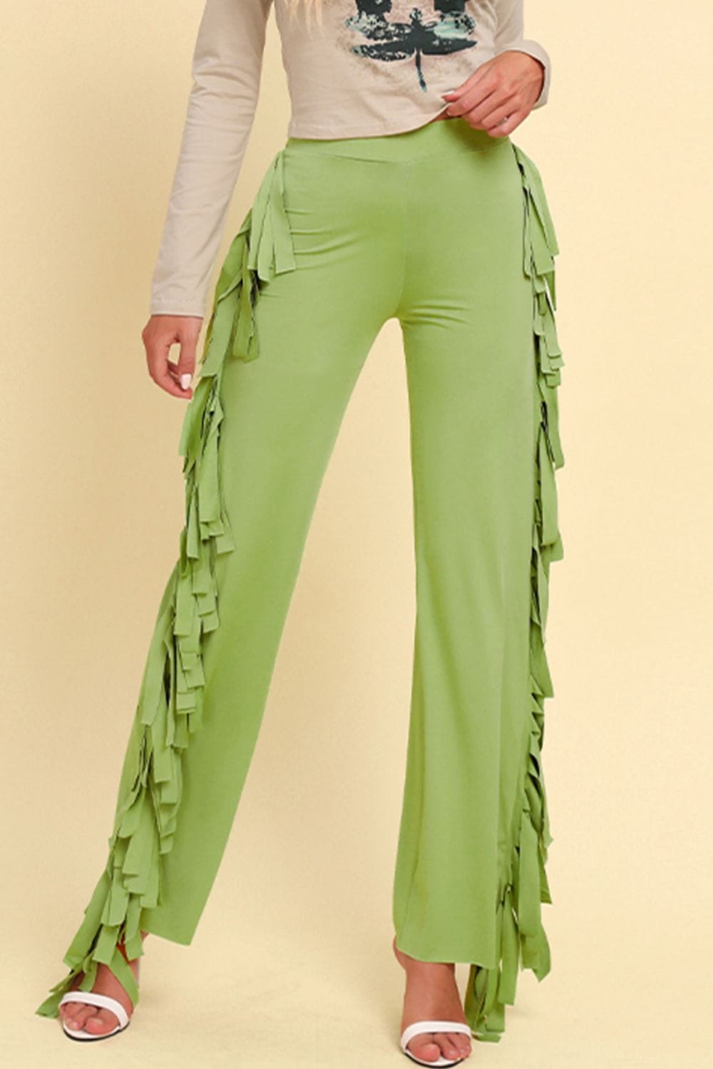 Fringe Trim Wide Leg Pants MS231013010814FS Lime / S