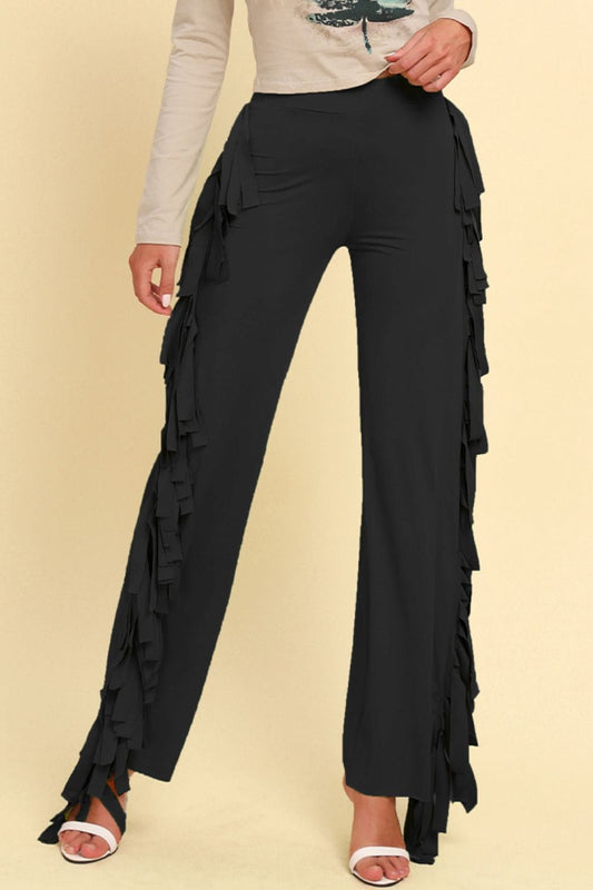 Fringe Trim Wide Leg Pants MS231013010811FS Black / S